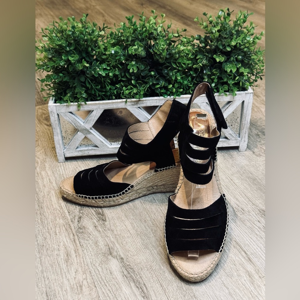 NEW KANNA Black Suede ESPADRILLE WEDGE STRAPPY SANDALS Shoes - SIZE  9.5 - 41
